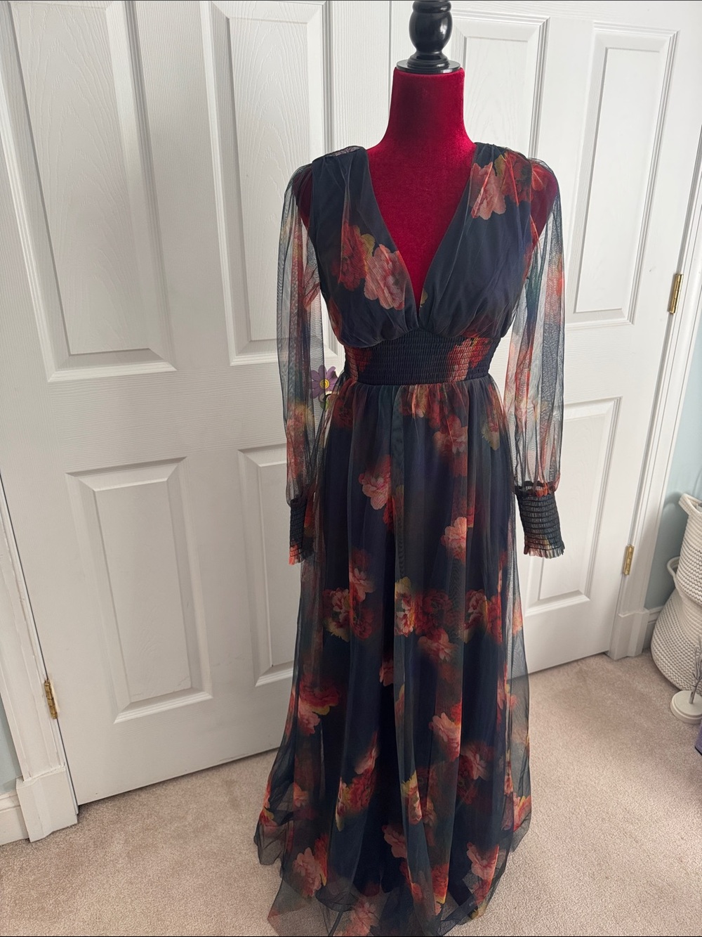 Baltic Born Navy Sheer Maxi Dress with Red Florals